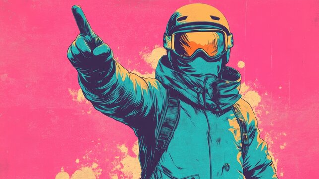 Excited snowboarder in a blue suit and goggles joyfully posing with a winner gesture on a pastel pink background Winter sports fun and adventure theme