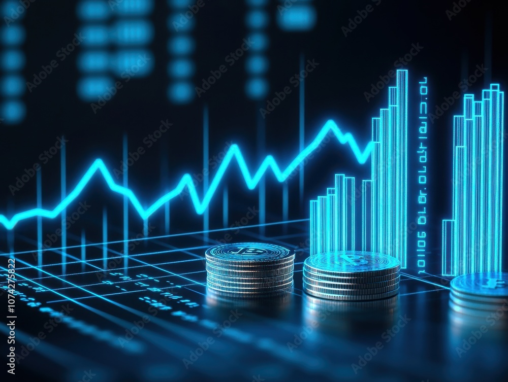 Poster digital chart showing financial growth with coins and data.