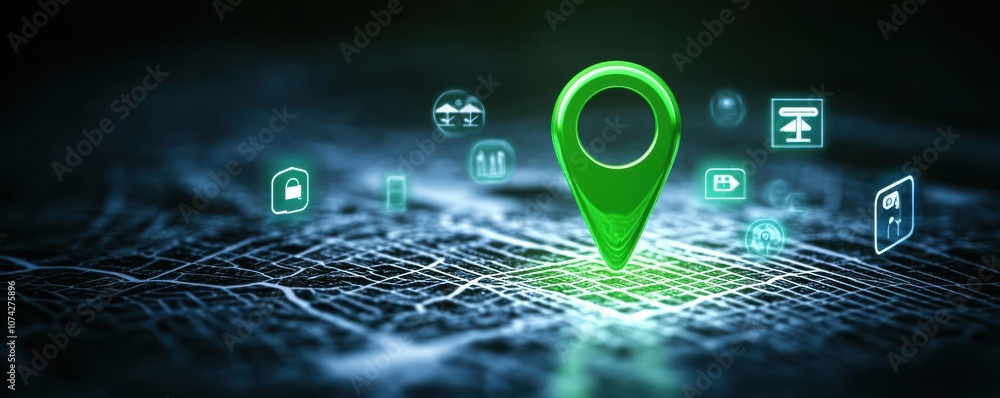 Poster digital map pointer with icons representing location services.