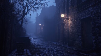 A foggy, dimly lit cobblestone alleyway with vintage street lamps and atmospheric surroundings.