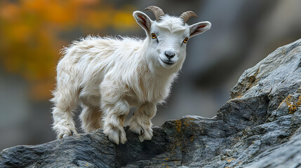 Obraz premium A young white goat standing on a rocky surface with a blurred autumn background, showcasing its playful nature.