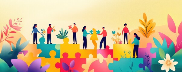 Diverse individuals collaborating with plants in a colorful setting.