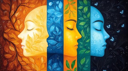 Serene Faces of Nature Four Seasons Leaves Tranquil Abstract Art Painting