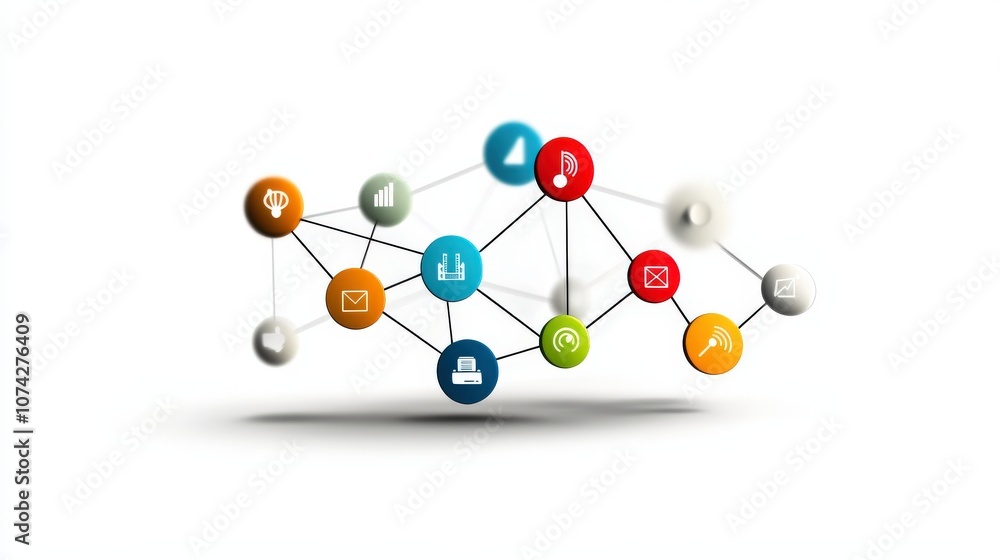 Aufkleber Abstract digital communication network with colorful icons representing various connections and interactions in technology, media, and information sharing