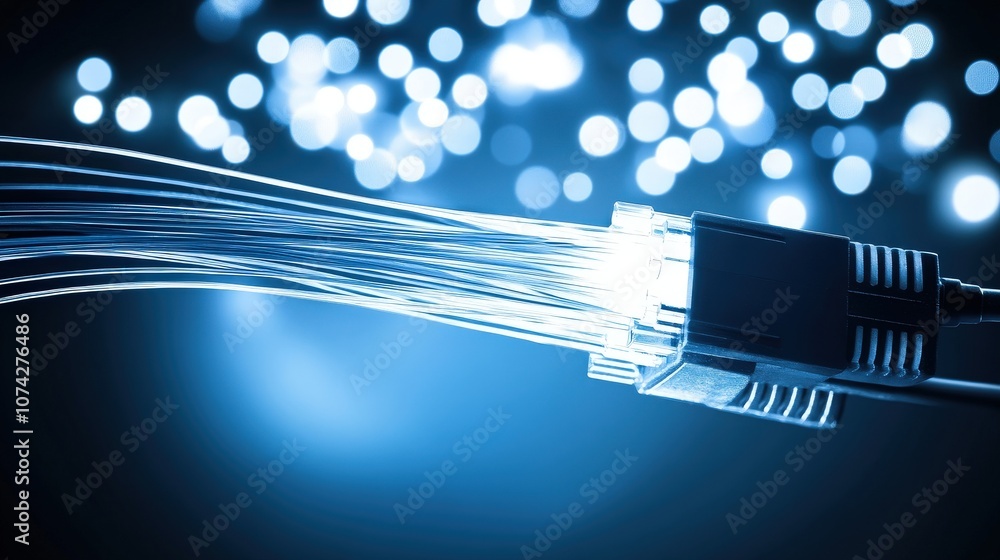Aufkleber high-speed fiber optic cable with light emitting effect against a soft blue bokeh background for tec