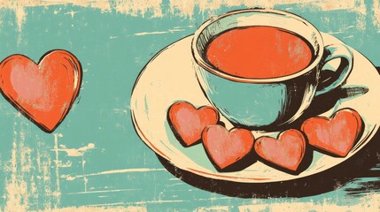 Retro illustration of a cheerful greeting card for a festive occasion A delightful arrangement featuring a cup of coffee and charming heart shaped candies