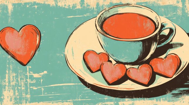 Retro illustration of a cheerful greeting card for a festive occasion A delightful arrangement featuring a cup of coffee and charming heart shaped candies