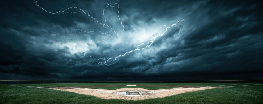 Dramatic storm clouds loom over an empty baseball field.