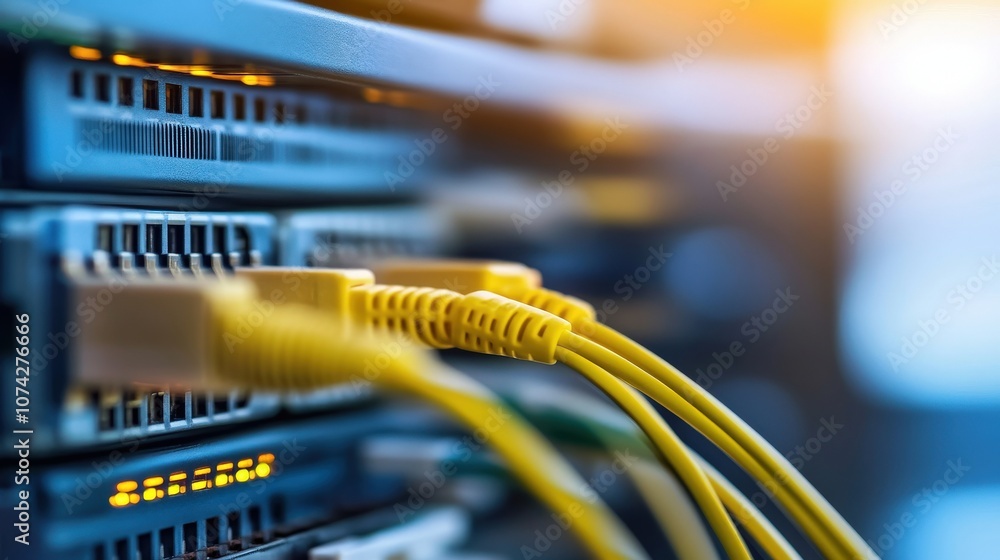Poster Close-up View of Network Cables Connected to Server Equipment with Warm Glowing Light, Showcasing the Complexity of Modern Data Communication Technology
