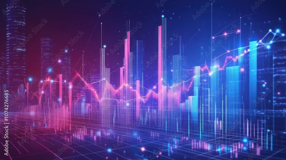 Poster abstract digital visualization of data trends with vibrant colors and cityscape elements.