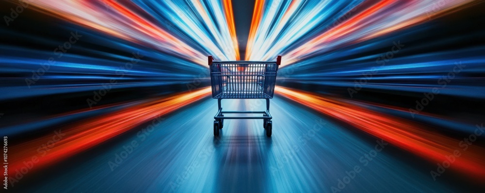Poster dynamic shopping cart with colorful light trails in the background.