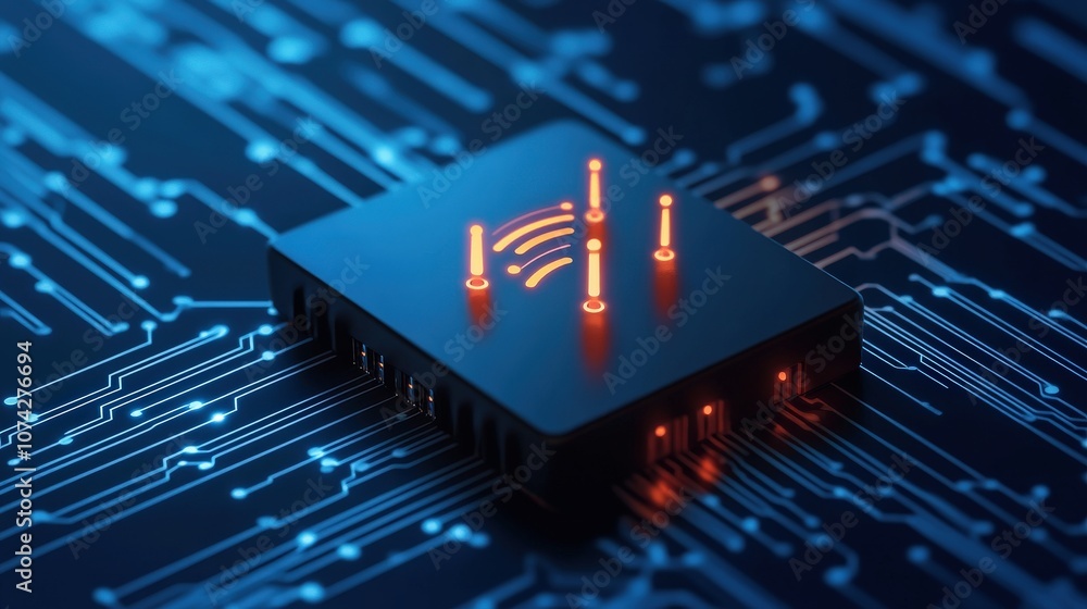 Poster Modern microprocessor with glowing signals on a digital circuit board, representing advanced technology and connectivity in a futuristic setting