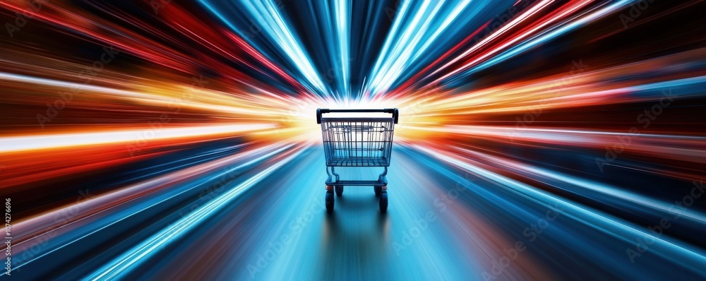 Poster dynamic shopping cart with vibrant light trails in the background.