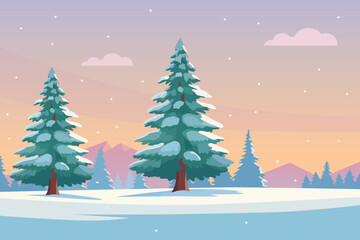 Vector illustration in flat style depicts a winter landscape