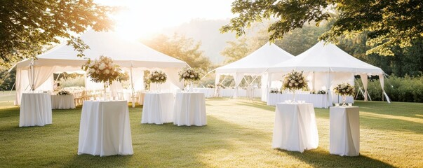 Elegant outdoor wedding setup with tents and decorated tables.