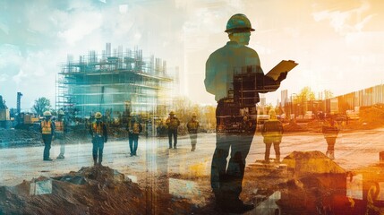 An engineer overseeing a construction site, depicted in a double exposure effect. The foreground shows the engineer holding a clipboard while the background