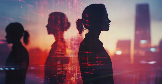 Silhouettes of business people walking in the city, a digital background with blue lights and data elements