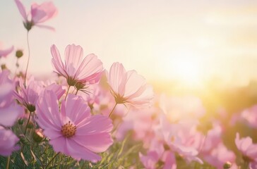 Obraz premium Beautiful pink cosmos flowers in a field at sunset.