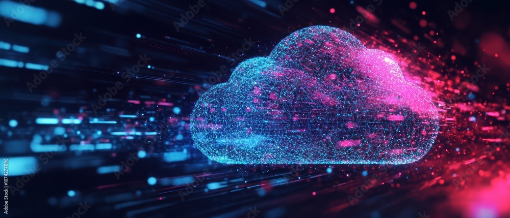 Poster a digital cloud symbol surrounded by vibrant data streams, representing cloud technology.