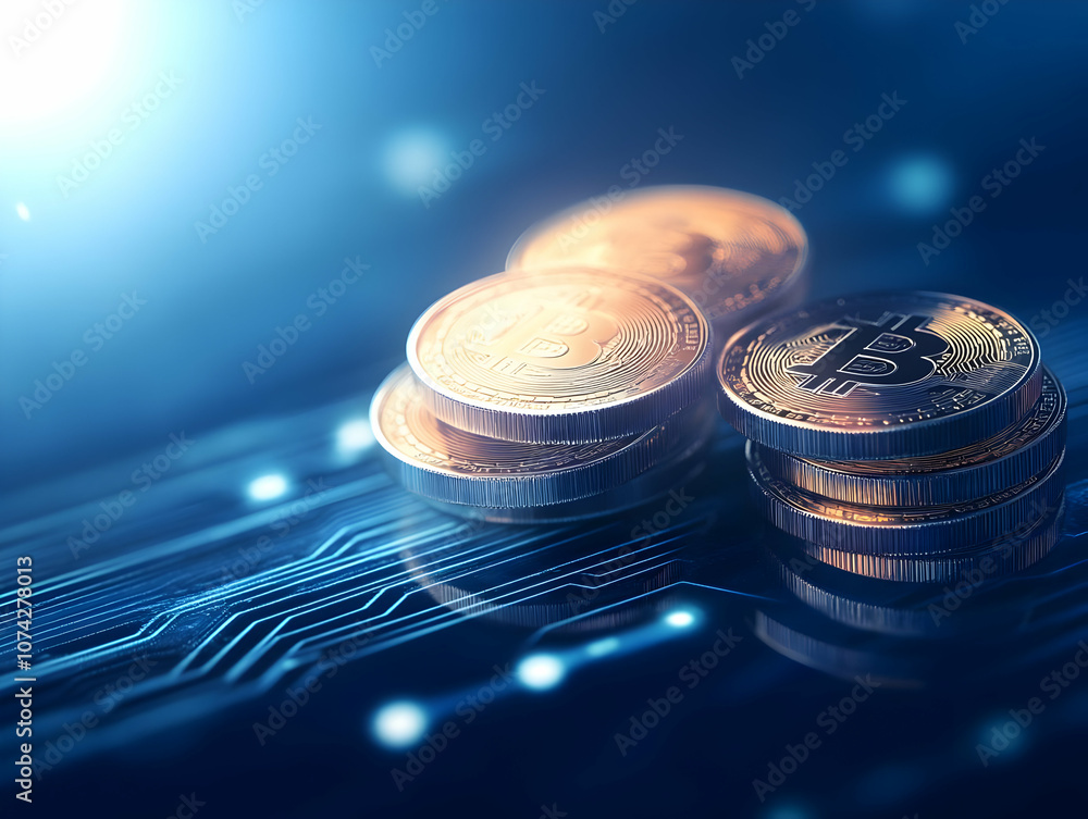 Poster close-up of stacked coins with a digital circuit background, representing cryptocurrency and modern 