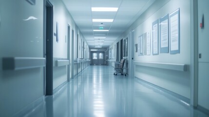 An indistinct view of a hospital surgery corridor, emphasizing the clean lines and modern architecture.