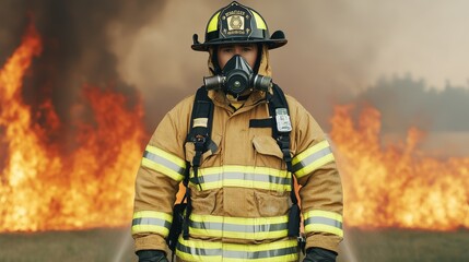 Firefighter in Full Gear Facing Blaze  Smoke  and Flames
