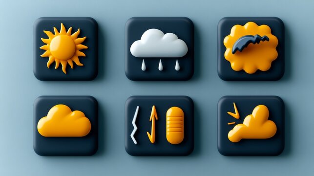 3D weather app icons sun rain wind storm Halloween bat
