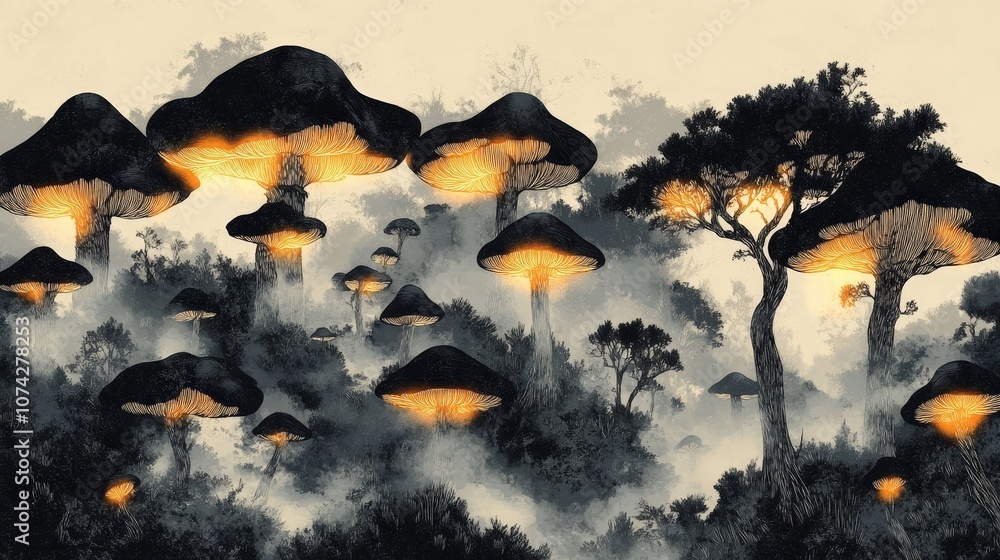 Poster enchanted forest with luminescent mushrooms and mystical trees glowing in the night, creating a drea