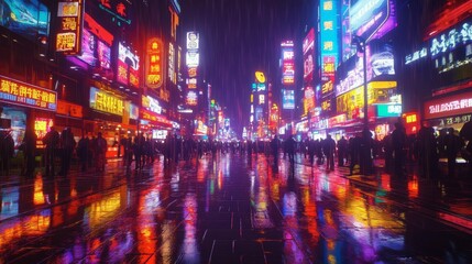 Lively Night Scene of a Bustling City Street with Bright Neon Lights and Reflections on Wet Pavement, Capturing the Vibrancy of Urban Life in Rainy Weather