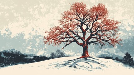 Retro illustration of a frosty tree on a chilly winter day