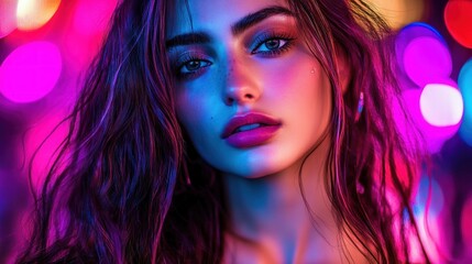 A close-up portrait of a woman with vibrant lighting and a captivating expression.