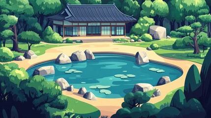 Serene Japanese Garden with Pond and Traditional House