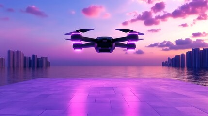 Futuristic Drone Flying over Cityscape at Sunset