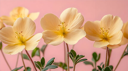 Fototapeta premium Delicate yellow flowers against a soft pink background, showcasing beauty and elegance in nature's design.