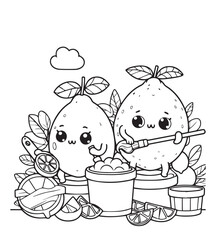 Cute lemon and friends pose kid education coloring design 