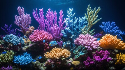 Naklejka premium Vibrant Underwater Coral Reef Ecosystem Featuring Diverse Colorful Corals, Tropical Fish, and Lush Marine Life in a Clear Ocean Environment