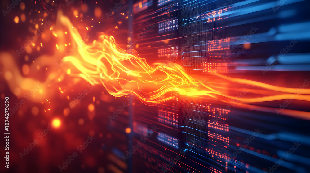 Poster dynamic abstract representation of data flow with vibrant flames and blue background showcasing ener
