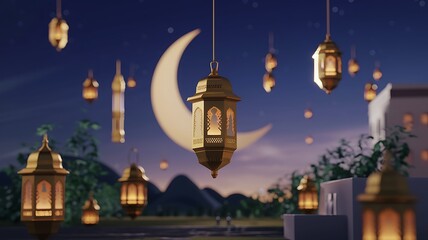 Obraz premium Illuminated Lanterns Hanging Under a Crescent Moon in the Night Sky