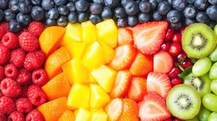 Obraz premium Colorful Arrangement of Fresh Fruits in Rainbow Pattern Including Berries, Citrus, and Green Grapes for Healthy Lifestyle and Culinary Use