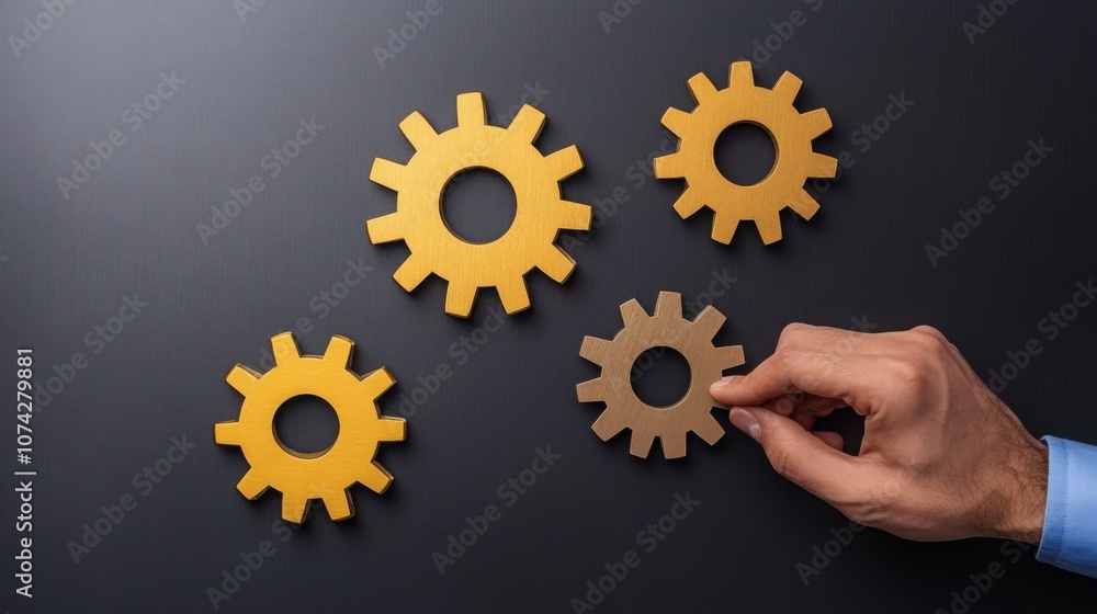 Poster business networking concept: hands connecting gears symbolizing collaboration and teamwork in profes