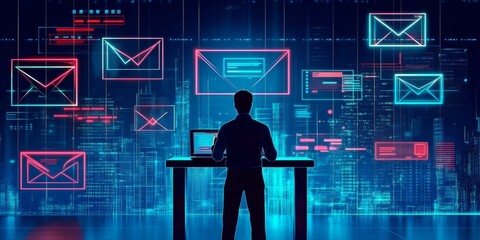 Man standing front desk laptop it He is Business Email Compromise (BEC)