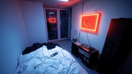 Neon Art Night City View Bedroom Interior Modern Apartment