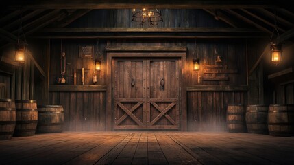 Old wooden door dark room floor is made Wild West Saloon Stage