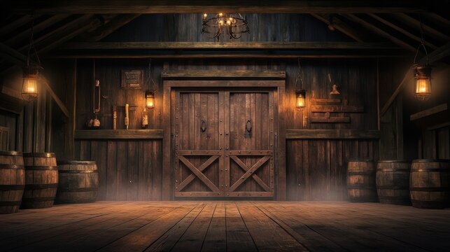 Old wooden door dark room floor is made Wild West Saloon Stage