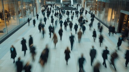 Blurred motion of people walking through a modern building.