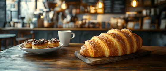 Freshly baked croissant with pastries and coffee in a cozy cafe setting, inviting warmth and delicious indulgence.