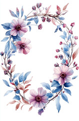 Obraz premium Floral frame with leaves and flowers, white background, soft pastel colors, digital illustration, flat design style