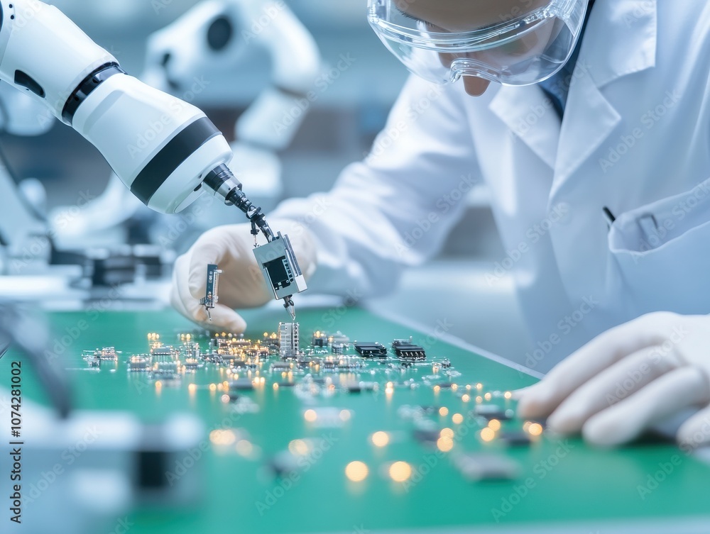 Poster engineer using robotic arm to assemble electronic circuit board.