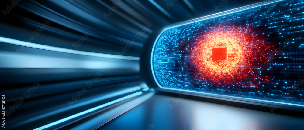 Poster futuristic digital landscape showcasing abstract data patterns and a glowing nucleus, symbolizing te