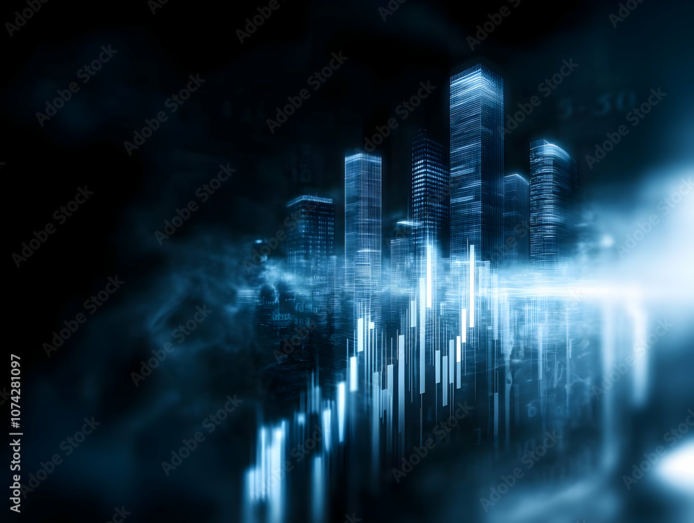 Poster futuristic skyline with digital data overlay, representing the intersection of technology and urban 